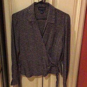 Ann Taylor Navy and Cream Polka Dot Silk Wrap Blouse 6